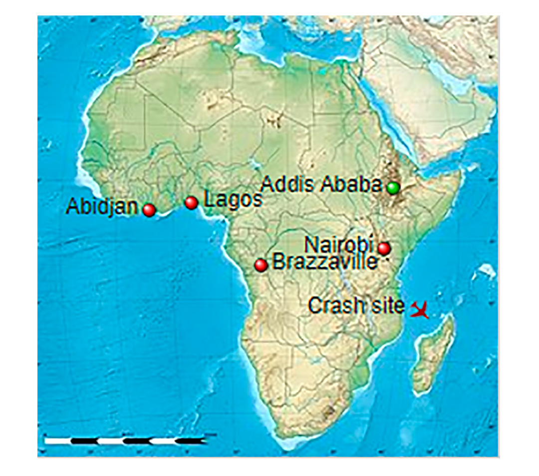 The Plane Was Originally Supposed To Cover The Route Between Addis Ababa And Nairobi, The Red Plane Visible On The Map Being The Spot It Was Supposed To Crash Down.  (Wikipedia)