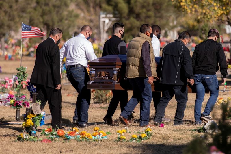 FOTO DE ARCHIVO-Una familia carga un féretro en el cementerio de Nuestra Señora del Monte Carmelo, en medio de una nueva oleada de muertes por la enfermedad del coronavirus (COVID-19) en El Paso, Texas, Estados Unidos. 25 de noviembre de 2020. REUTERS/Iván Pierre Aguirre