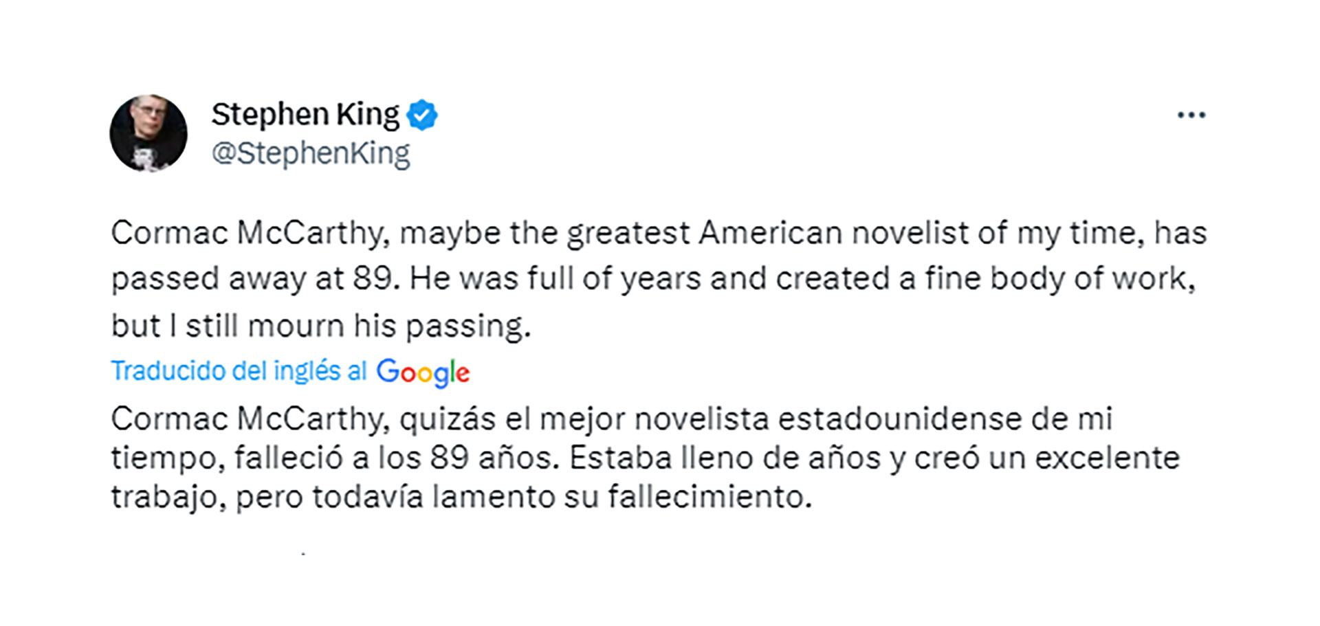 Stephen King y su homenaje a Cormac McCarthy en Twitter