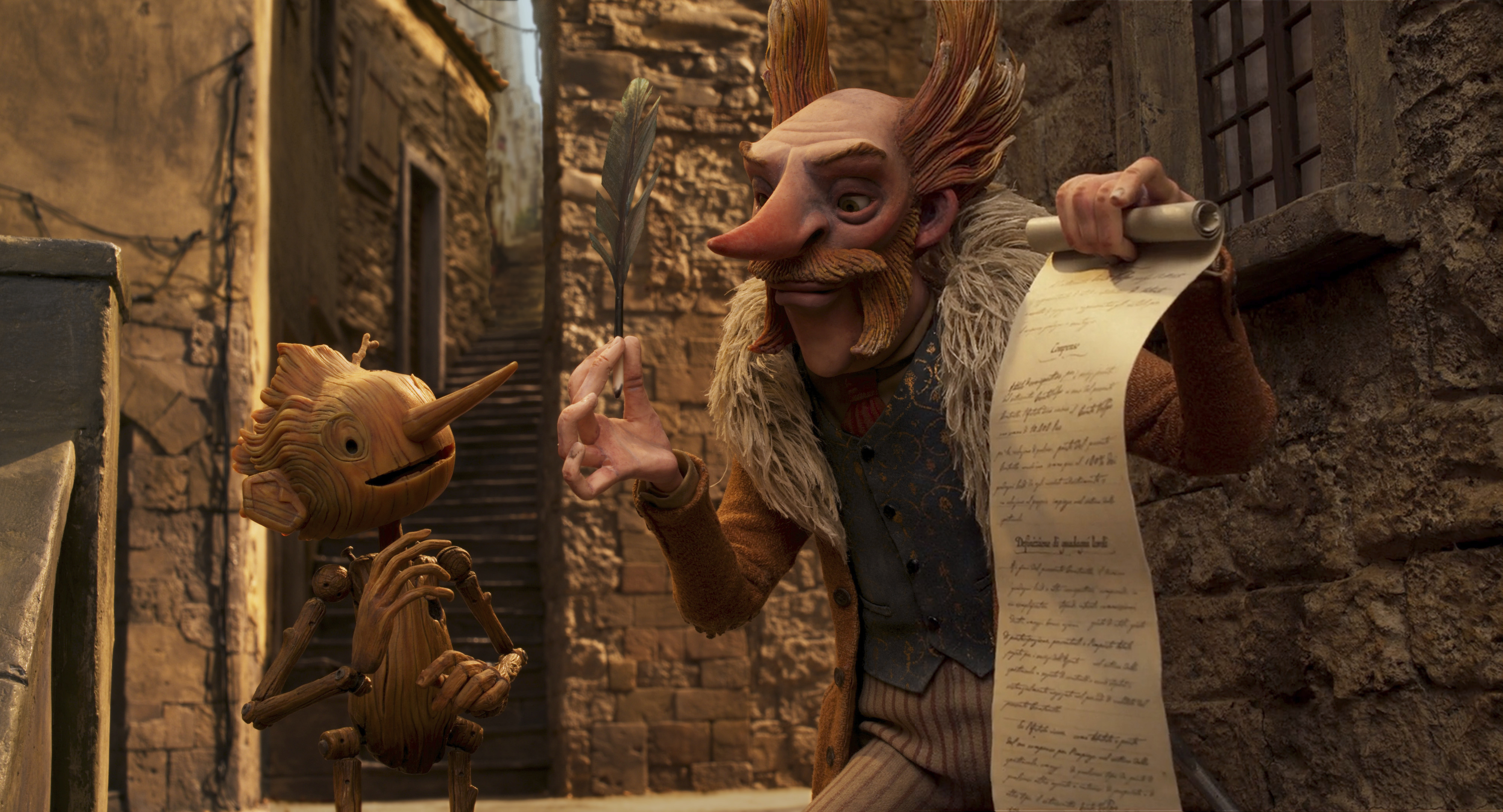 Pinocho, con la voz de Gregory Mann (izquierda), y el conde Volpe, con la voz de Christoph Waltz, en una escena de "Pinocho" (Foto: Netflix vía AP)