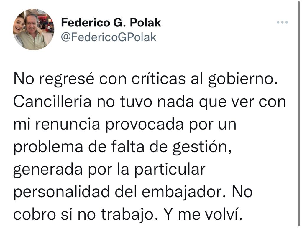 Polak culpó al embajador Ricardo Alfonsín tras tomar la decisión de renunciar a su cargo