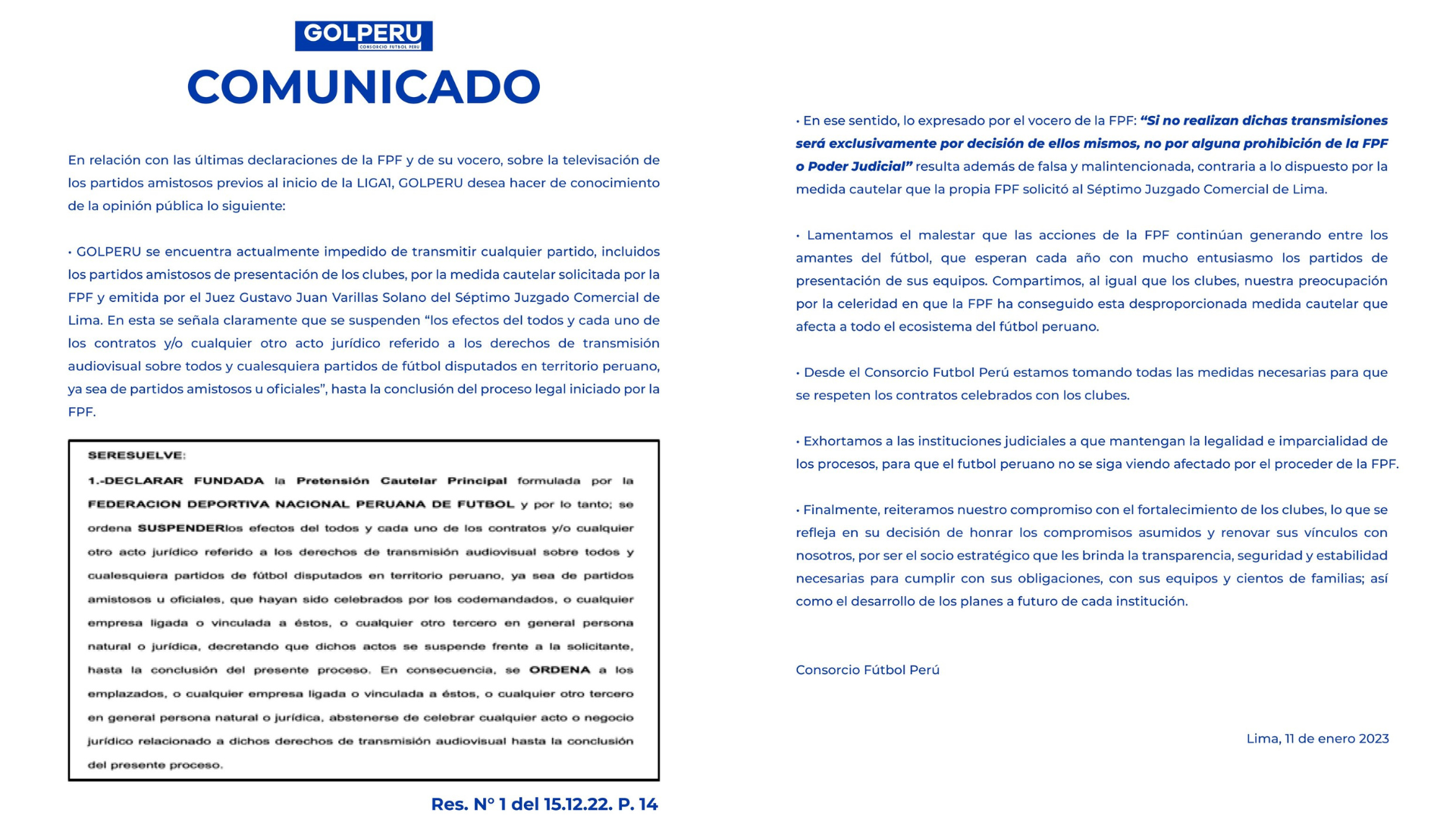 Comunicado de GOLPERU sobre medida cautelar que  suspende los derechos de transmisión del Consorcio Fútbol Perú. (GOLPERU)