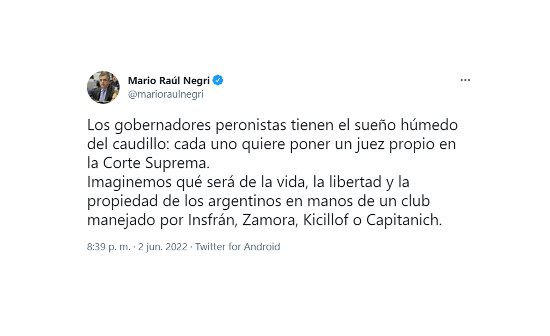 Mario Negri, jefe del bloque radical en Diputados, también manifestó su rechazo a la ampliación de la Corte Suprema que impulsa el Gobierno de Alberto Fernández. 
