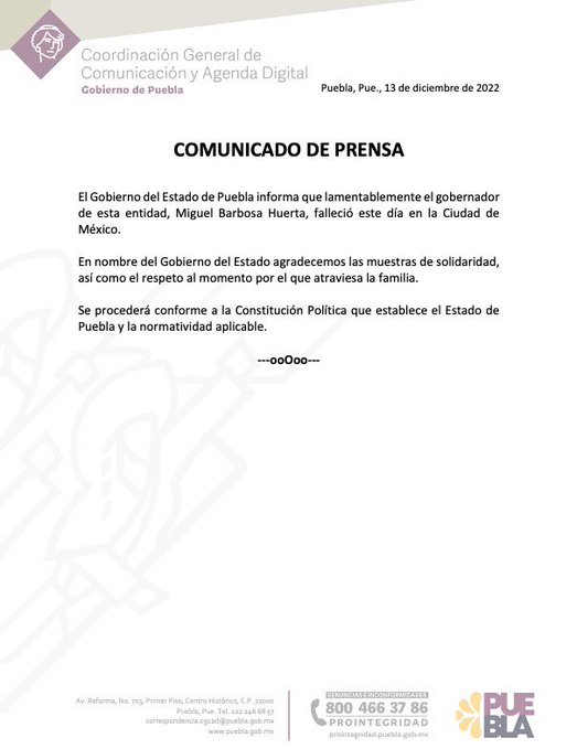 Gobierno de Puebla notificó que la muerte aconteció en la Ciudad de México (Twitter/@Gob_Puebla)