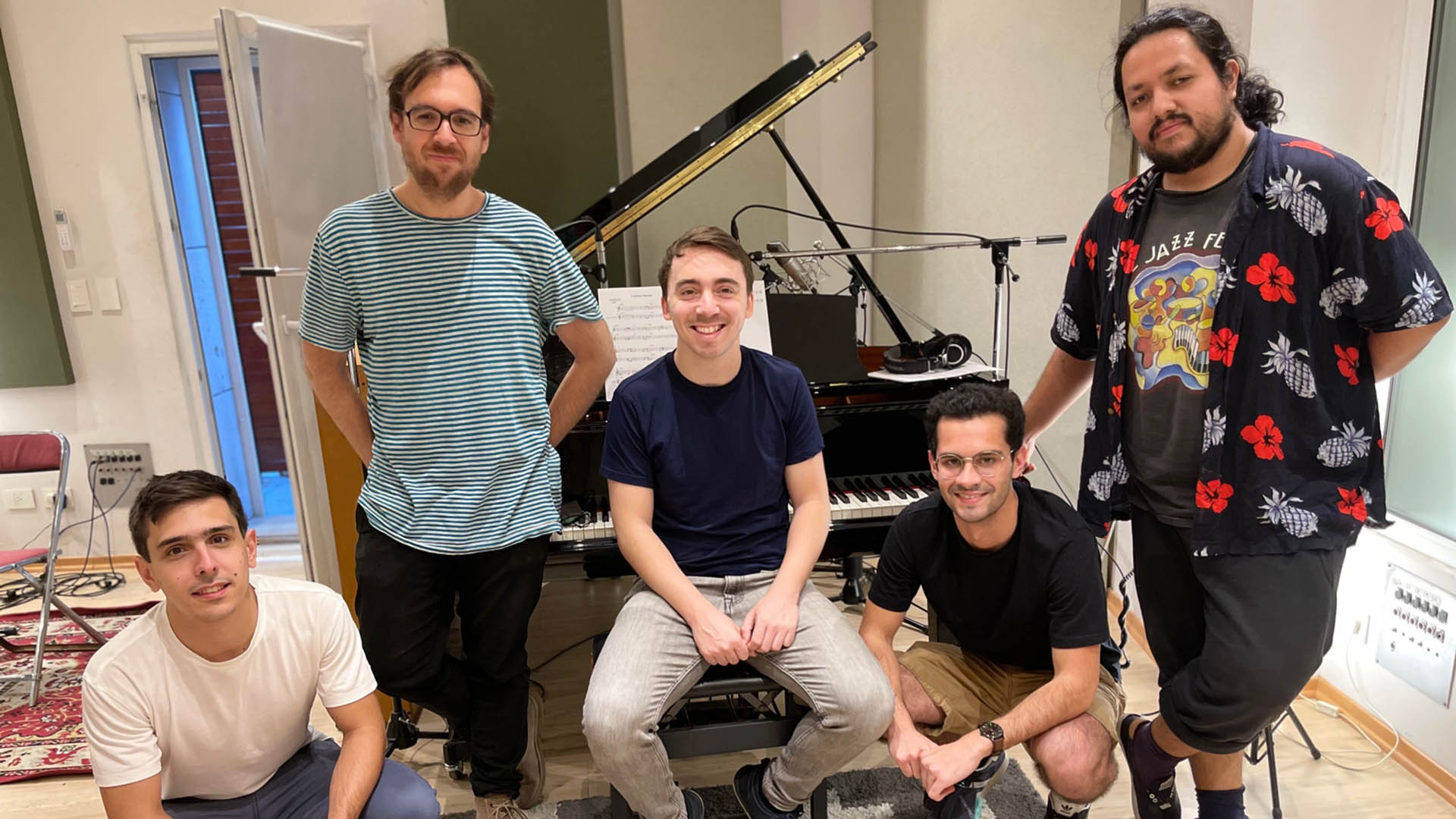 Santiago Galeano with the musicians who participated in the recording of his first album, "is now"
