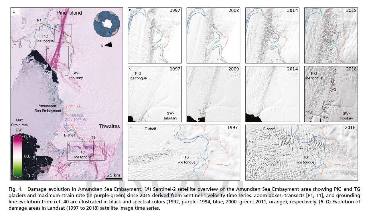 Imágenes de satélite de varias fuentes han ofrecido una imagen más precisa del rápido desarrollo del agrietamiento en las plataformas de hielo de Pine Island y Thwaites, las más grandes de la Antártida (Europa Press) 