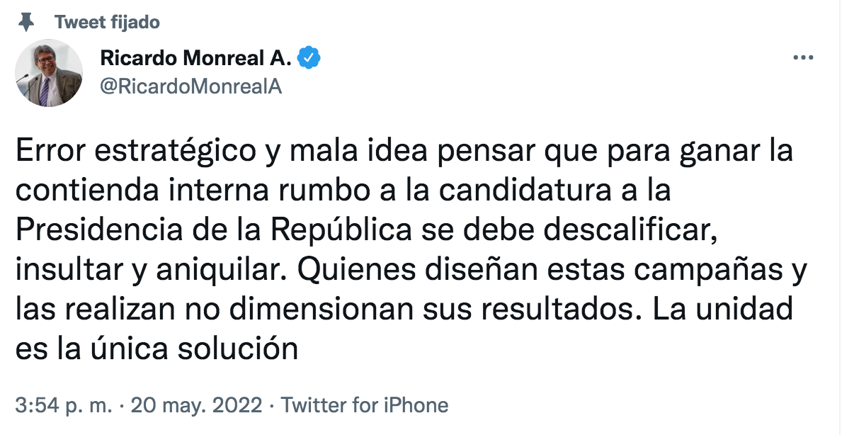 Ricardo Monreal dijo que la unidad es la solución de Morena (Foto: Twitter)