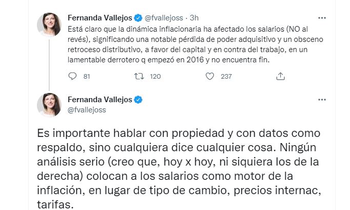 Los tuits de Fernanda Vallejos sobre las negociaciones paritarias