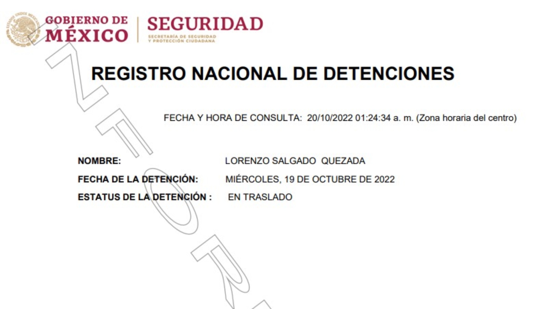 Según el Registro Nacional de Detenciones, un sujeto de nombre Lorenzo Salgado Quezada fue detenido la tarde de este 19 de octubre. (Captura: Registro Nacional de Detenciones)