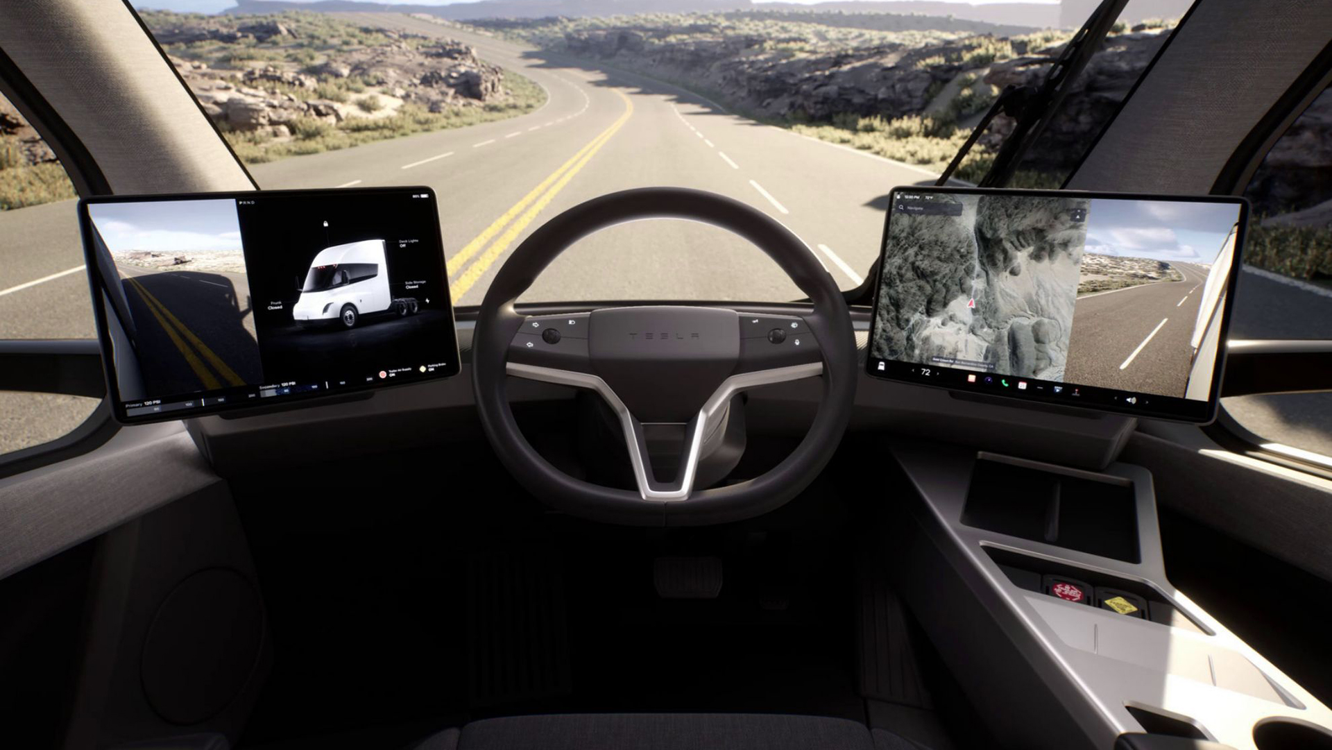 The interior of the Tesla cabin Semi has the steering wheel in the central position with the large windows on both sides