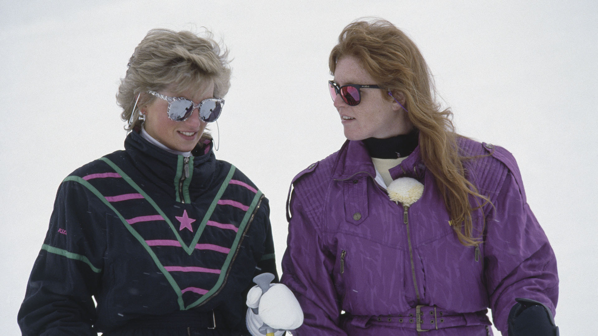 Princess Diana (1961 - 1997, left) with the Duchess of York during a skiing holiday in Klosters, Switzerland, 9th March 1988. (Photo by James Andanson/Sygma via Getty Images)