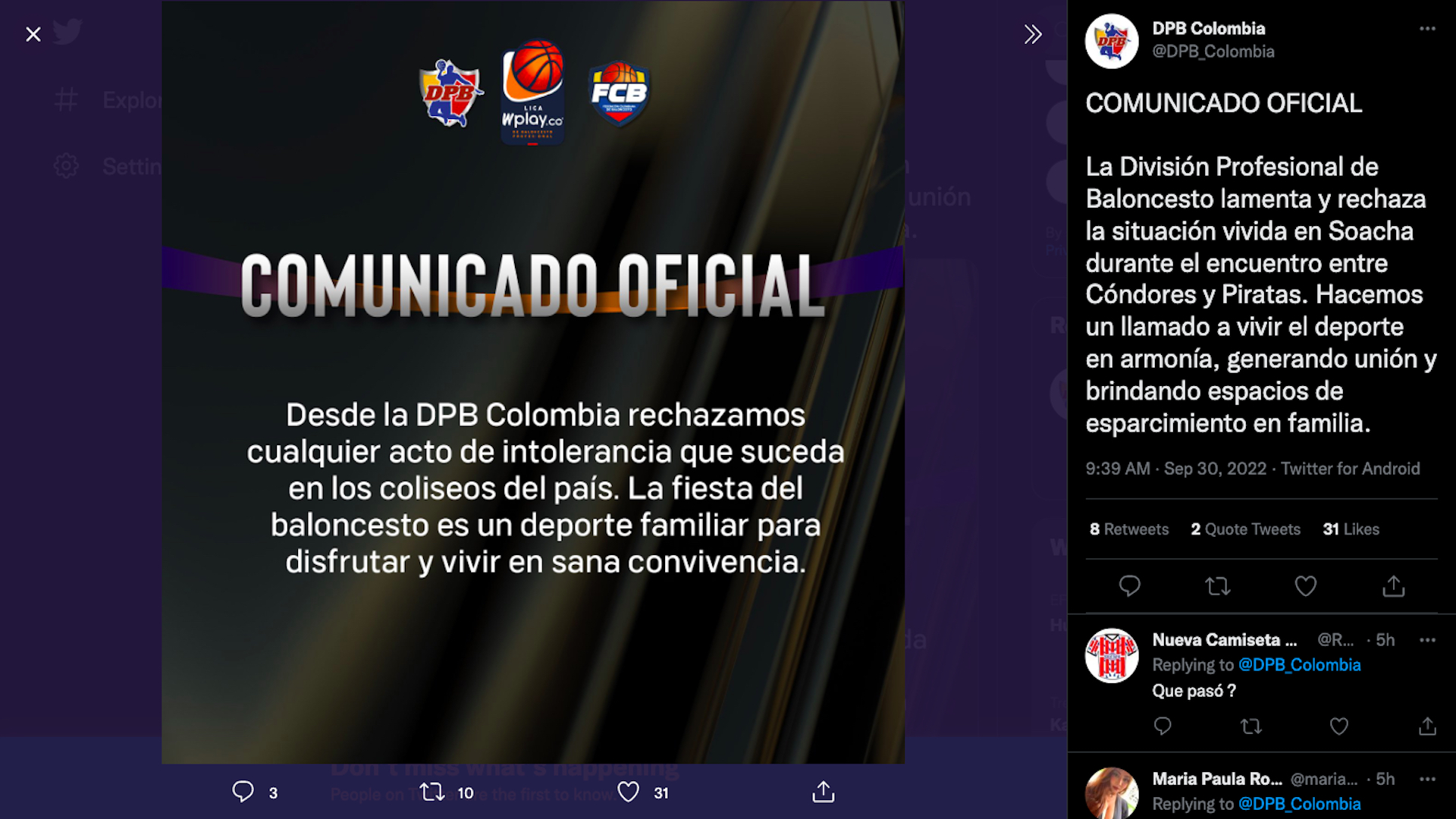 Rechazo de la DPB tras los hechos de violencia sucedidos en Soacha el 29 de septiembre en la Liga WPlay de Baloncesto / (Twitter: @DPB_Colombia)