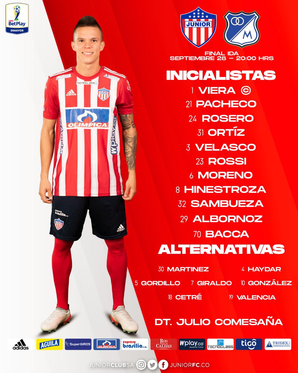 Lineup of Junior de Barranquilla to face Millonarios in the first leg of the BetPlay Cup final.  Image: @juniorclubSA.