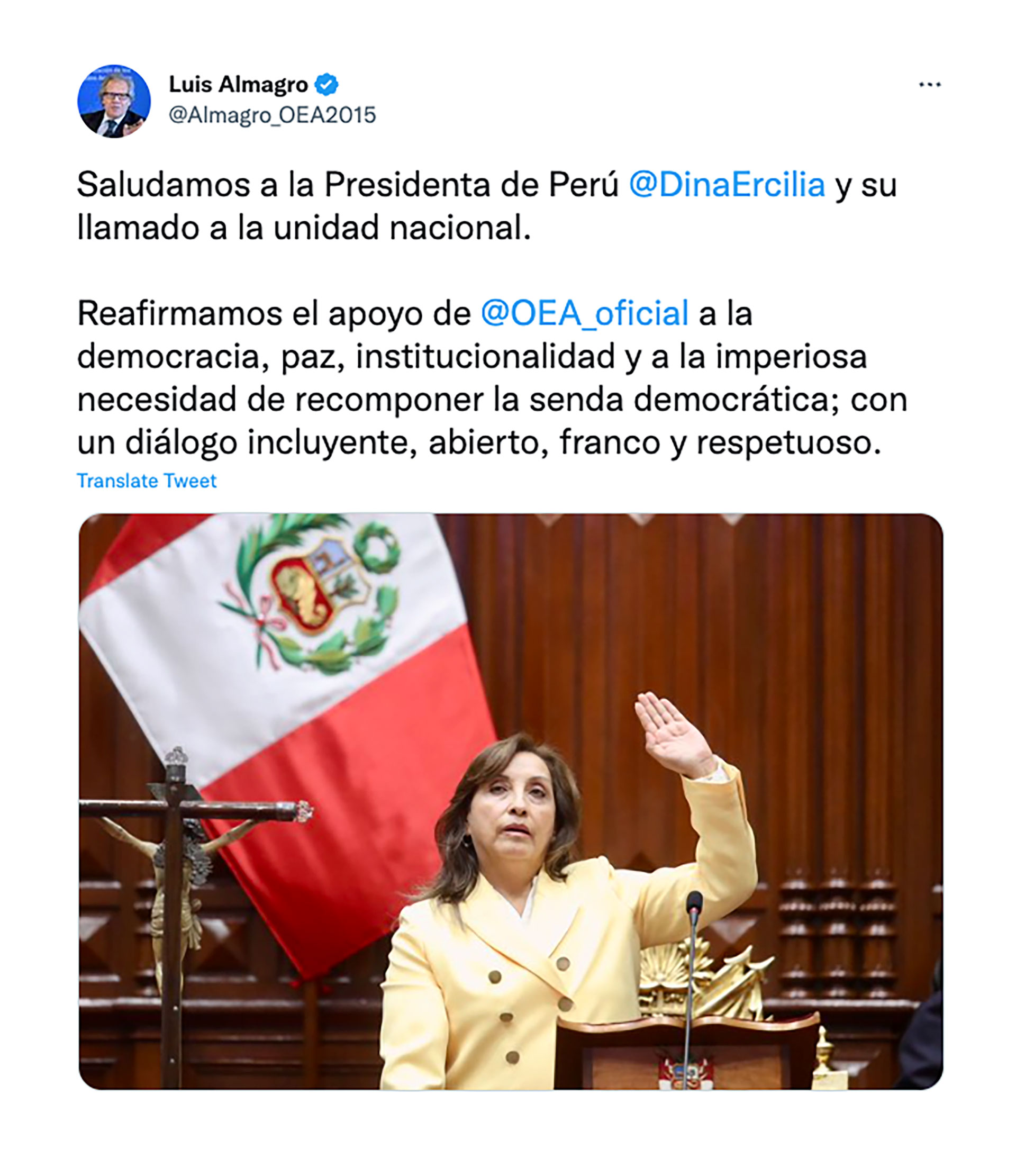 El tuit de Luis Almagro tras la asunción de la nueva presidenta de Perú