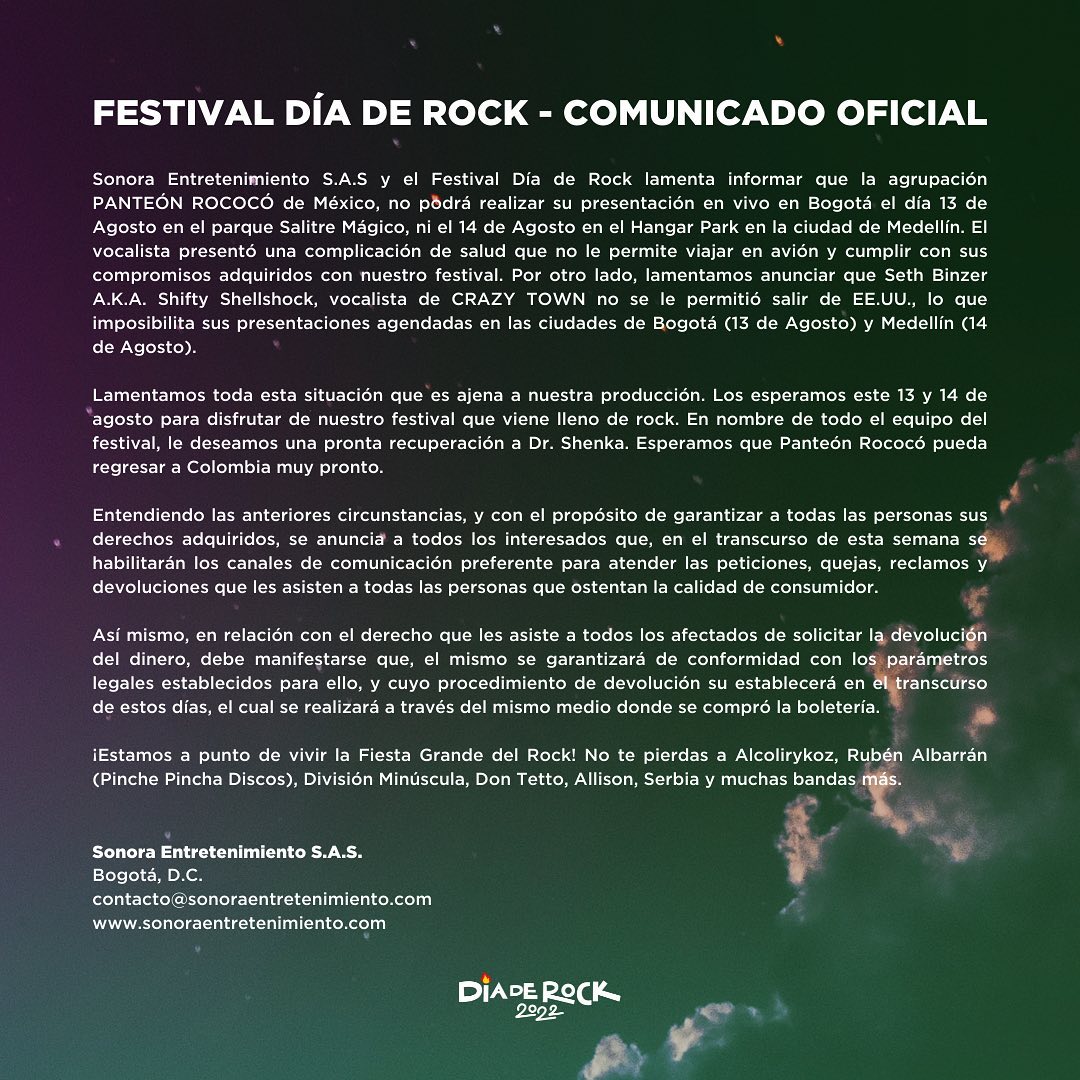 Comunicado publicado por la organización de Día de Rock a través de sus redes sociales, anunciando la cancelación de Panteón Rococó y Crazy Town