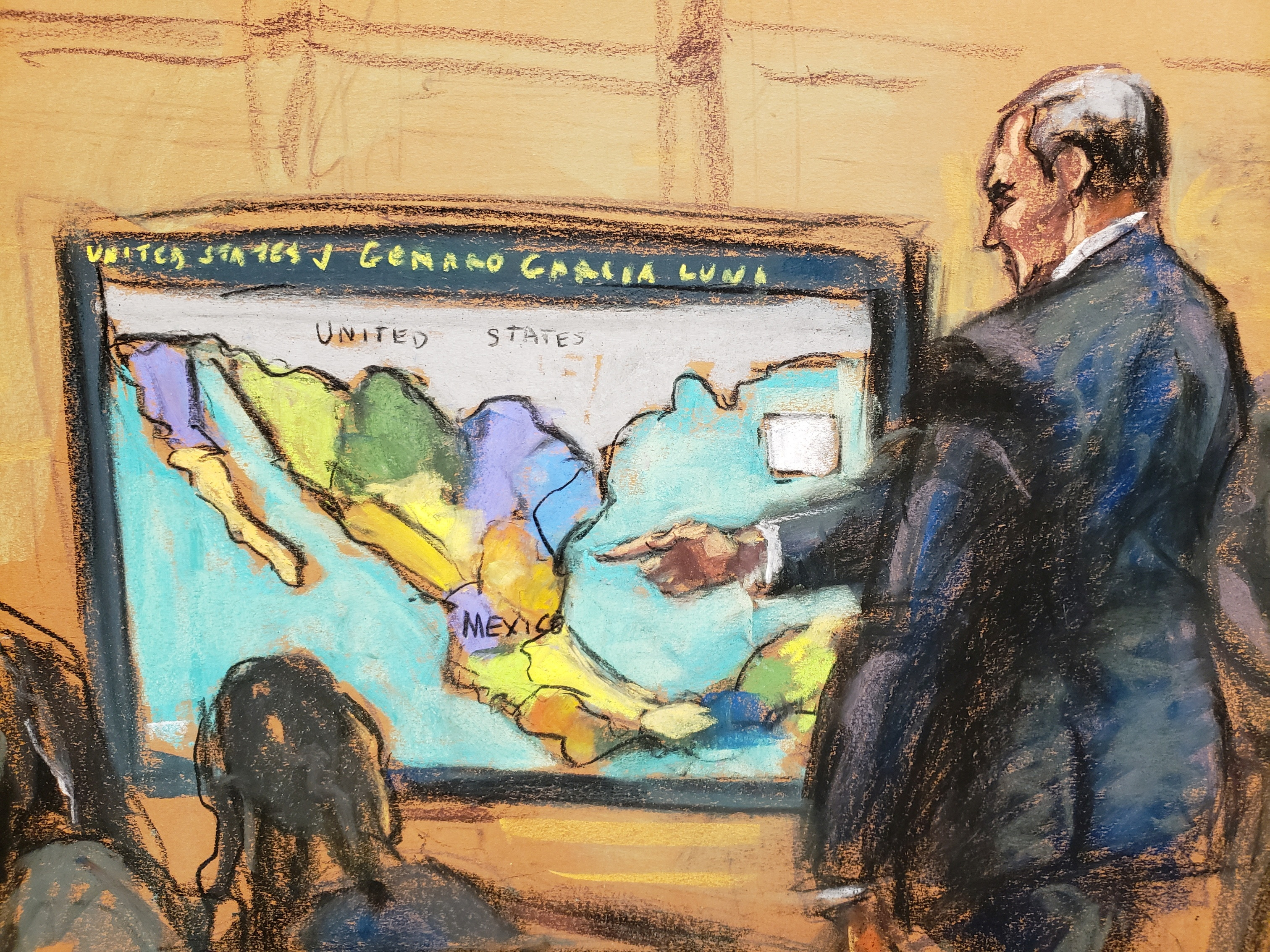 "El grande" se apoyó en un mapa durante la audiencia para especificar las zonas de operación del Cártel de Sinaloa e incluso los puntos en donde García Luna se habría reunido con altos mandos criminales. (REUTERS/Jane Rosenberg)