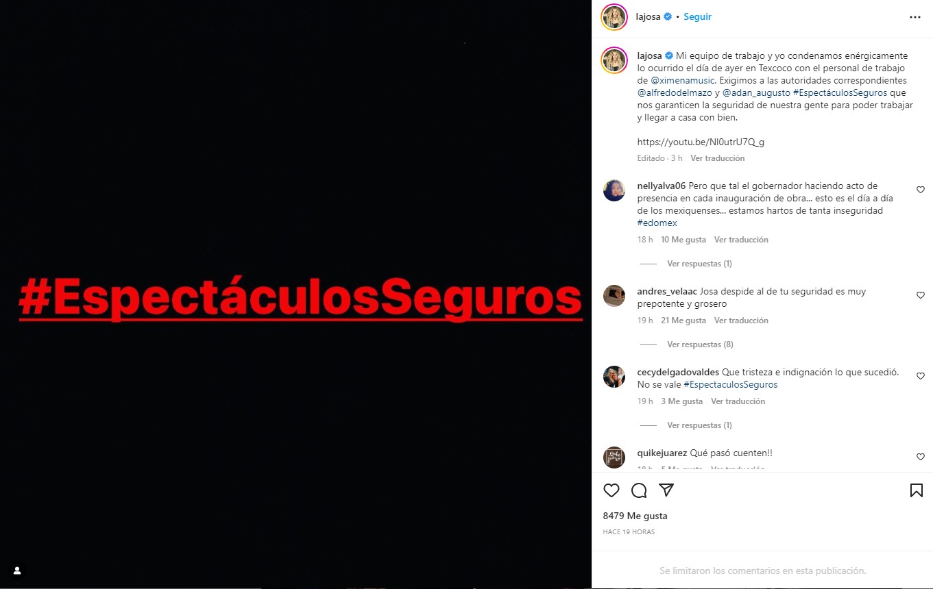 La cantante María José se prenunció contra la violencia que vivió el equipo de  Ximena Sariñana