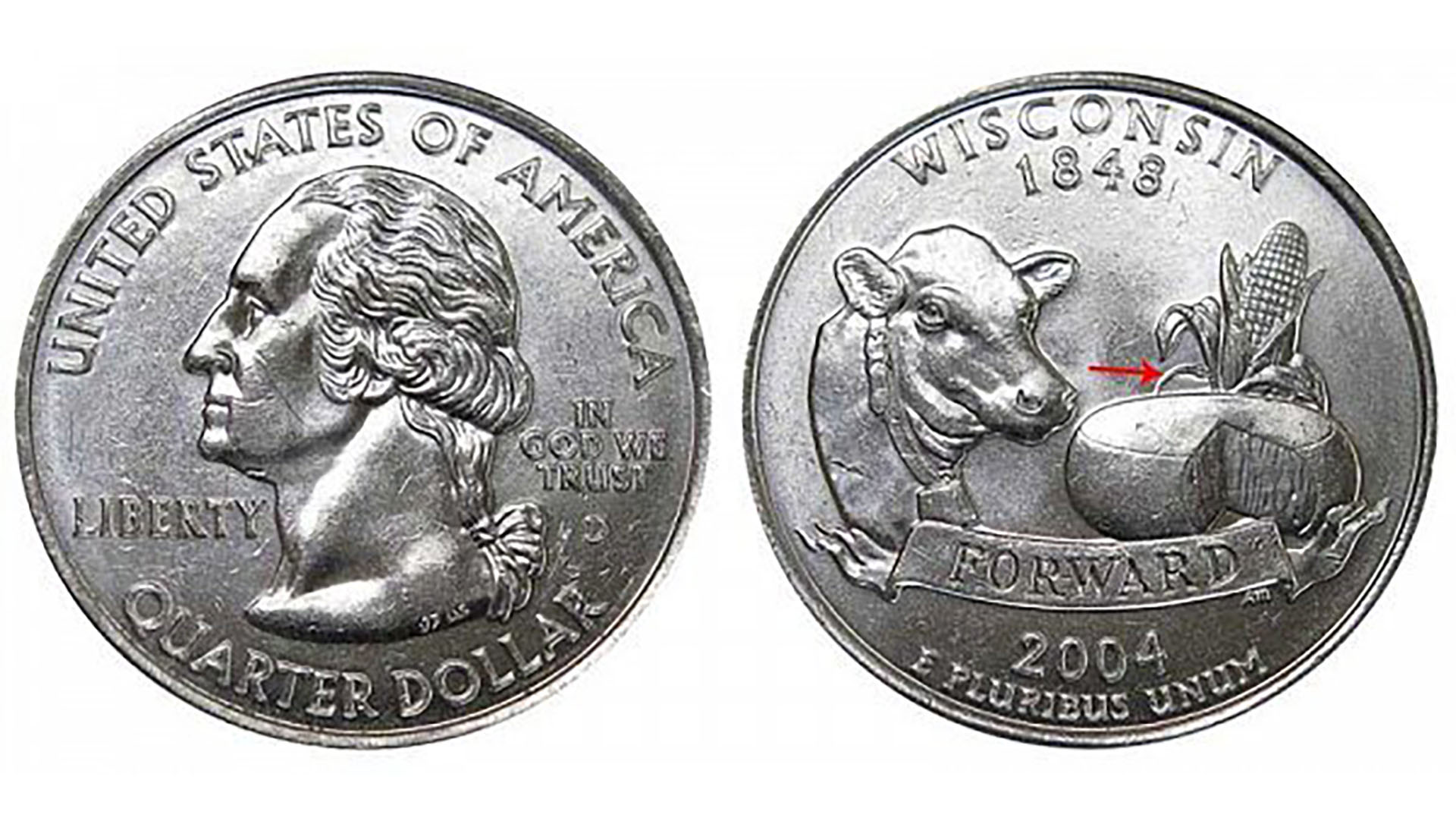 Una de las variantes de la moneda con una hoja extra. La anomalía está marcada con una flecha roja. Fuente: usacoinbook.com