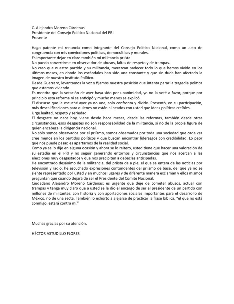 El exgobernador priista mandó carta a Alito Moreno (Twitter/@HectorAstudillo)