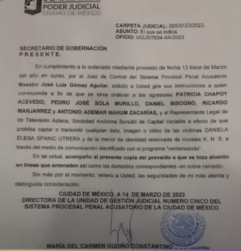 En el documento también se menciona que las medidas son contra Ademar Nahum y el representante legal de Ventaneando (Captura de pantalla/YouTube/Ana María Alvarado)