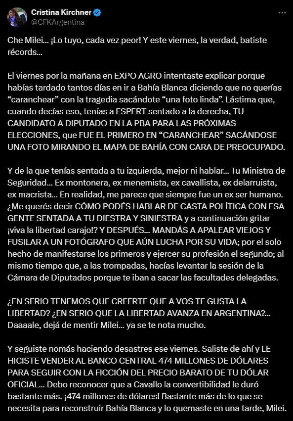 Otro “Che, Milei” de Cristina Kirchner: criticó el operativo de seguridad  en el Congreso y hasta apuntó contra Alberto Fernández por el FMI - Infobae