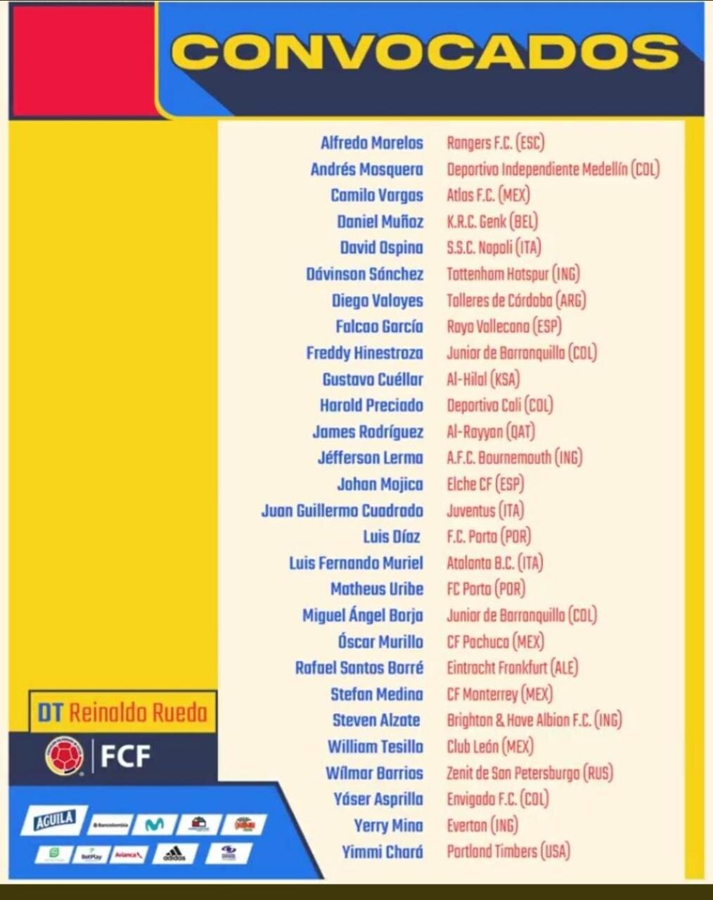 Con sorpresas: estos son los convocados por Reinaldo Rueda a la selección Colombia para los partidos ante Perú y Argentina