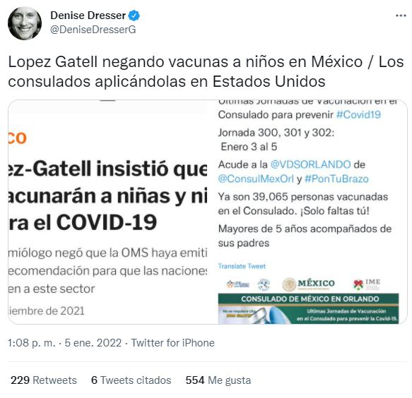 La politóloga criticó a Hugo López-Gatell por decisión de no inocular a menores de edad. (Imagen: Twitter/ @DeniseDresserG)