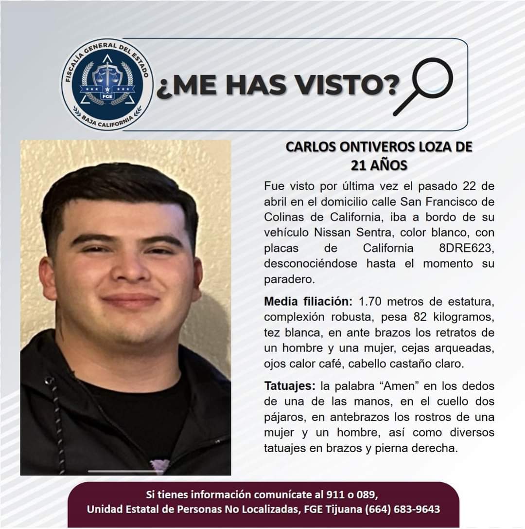 The mother of the 21-year-old has requested help to locate him both from state authorities and from citizens and local media (FGE Baja California).