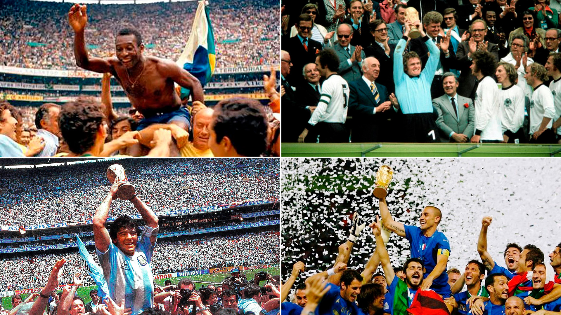 Arriba y abajo, de izquierda a derecha: Pelé, símbolo del Brasil de 1970 y Sepp Maier, arquero del campeón alemán en 1974. Maradona, máxima figura de Argentina en 1986 y Fabio Cannavaro, capitán del Italia ganador en 2006