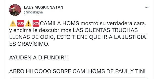 El comienzo del hilo vinculando a Andrea Refrigerio con Camila Homs