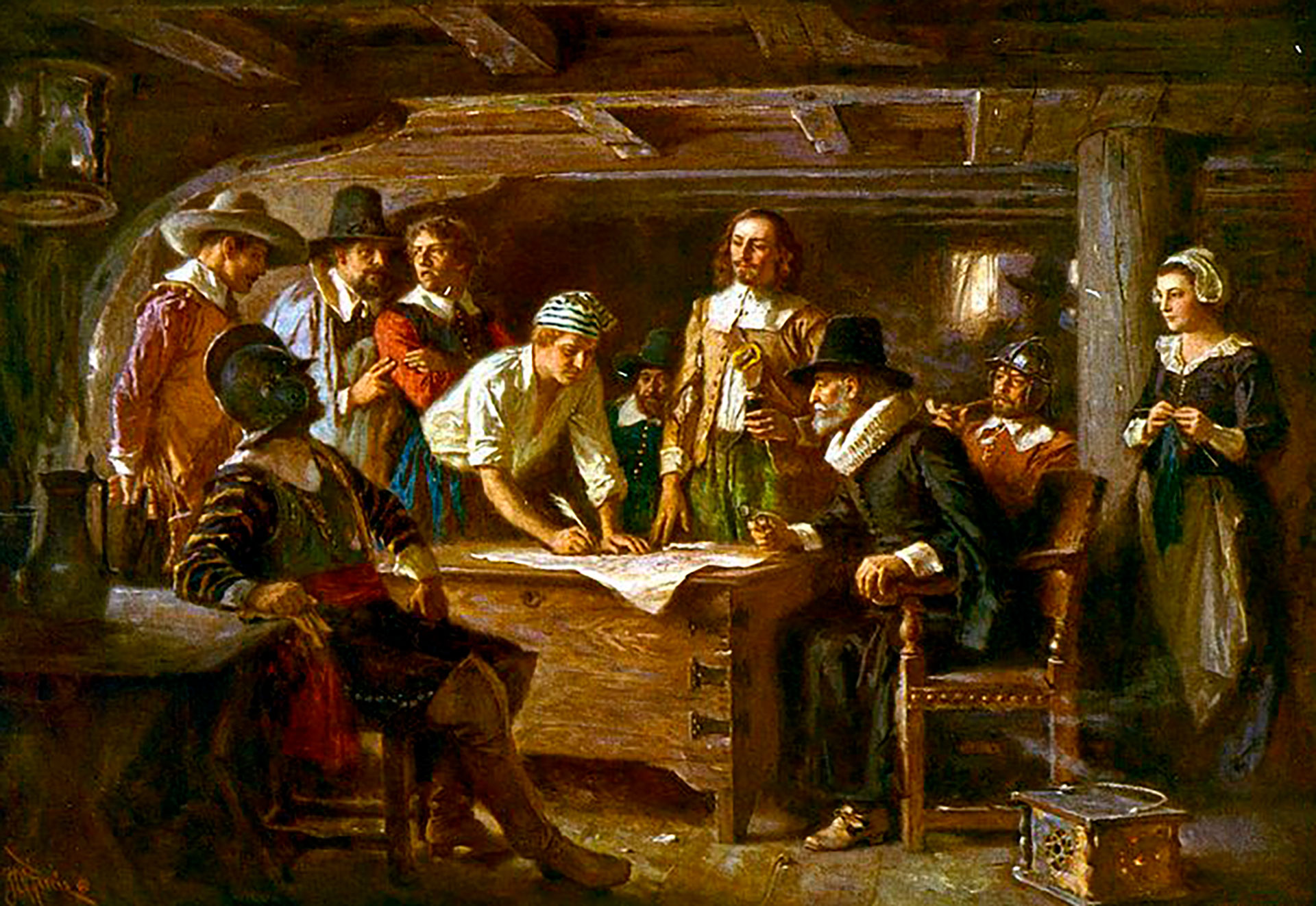 Cuadro de Jean Leon Gerome Ferris que reproduce la firma del Pacto del Mayflower  (Wikimedia Commons)