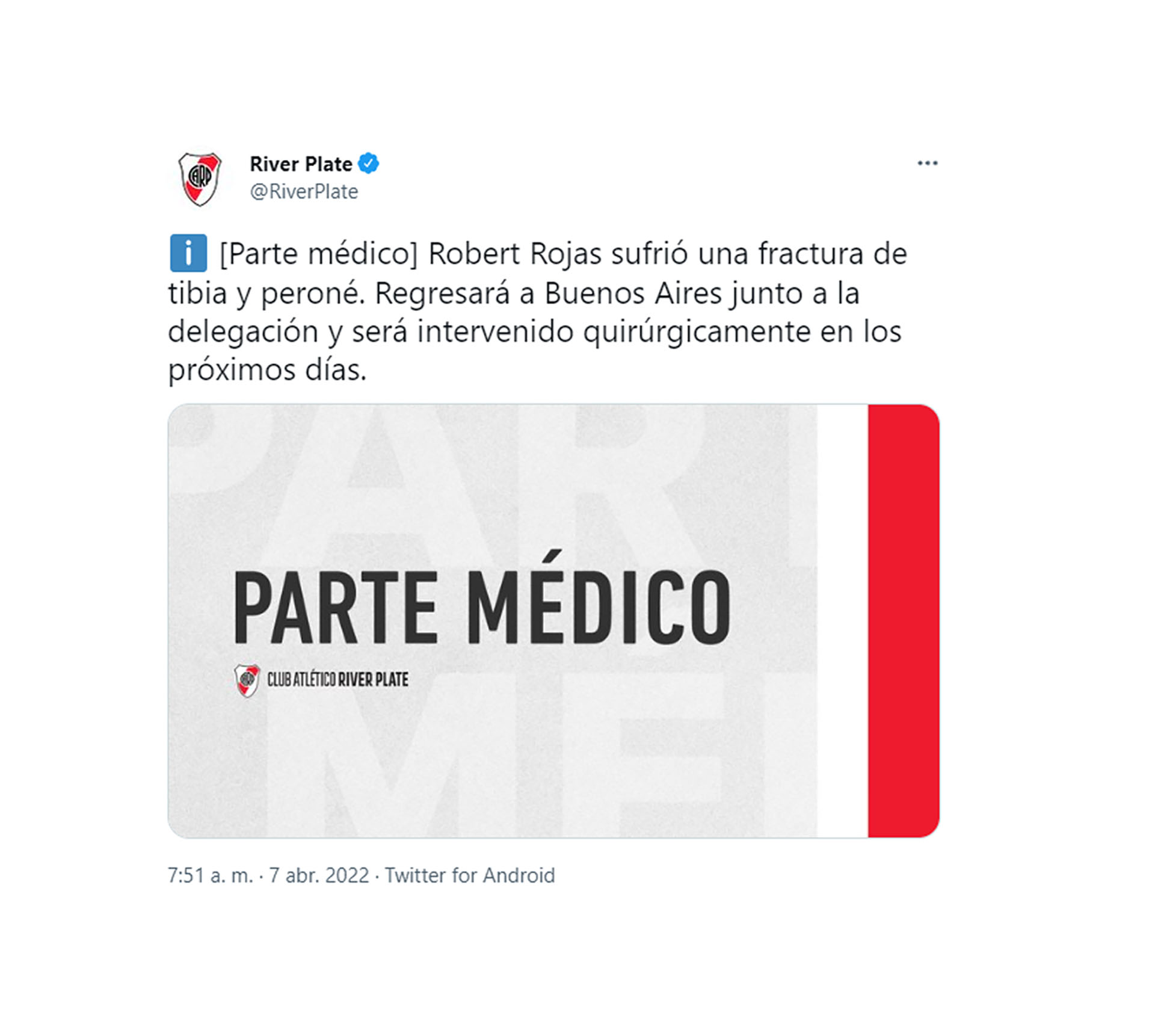 El parte médico de la lesión de Robert Rojas
