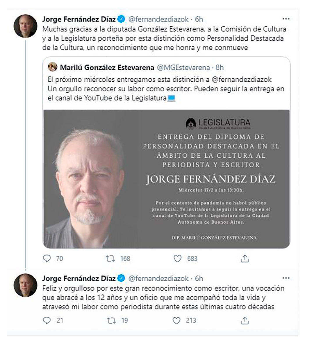El tuit anunciando la distinción para Fernández Díaz y la respuesta del autor y periodista en las redes