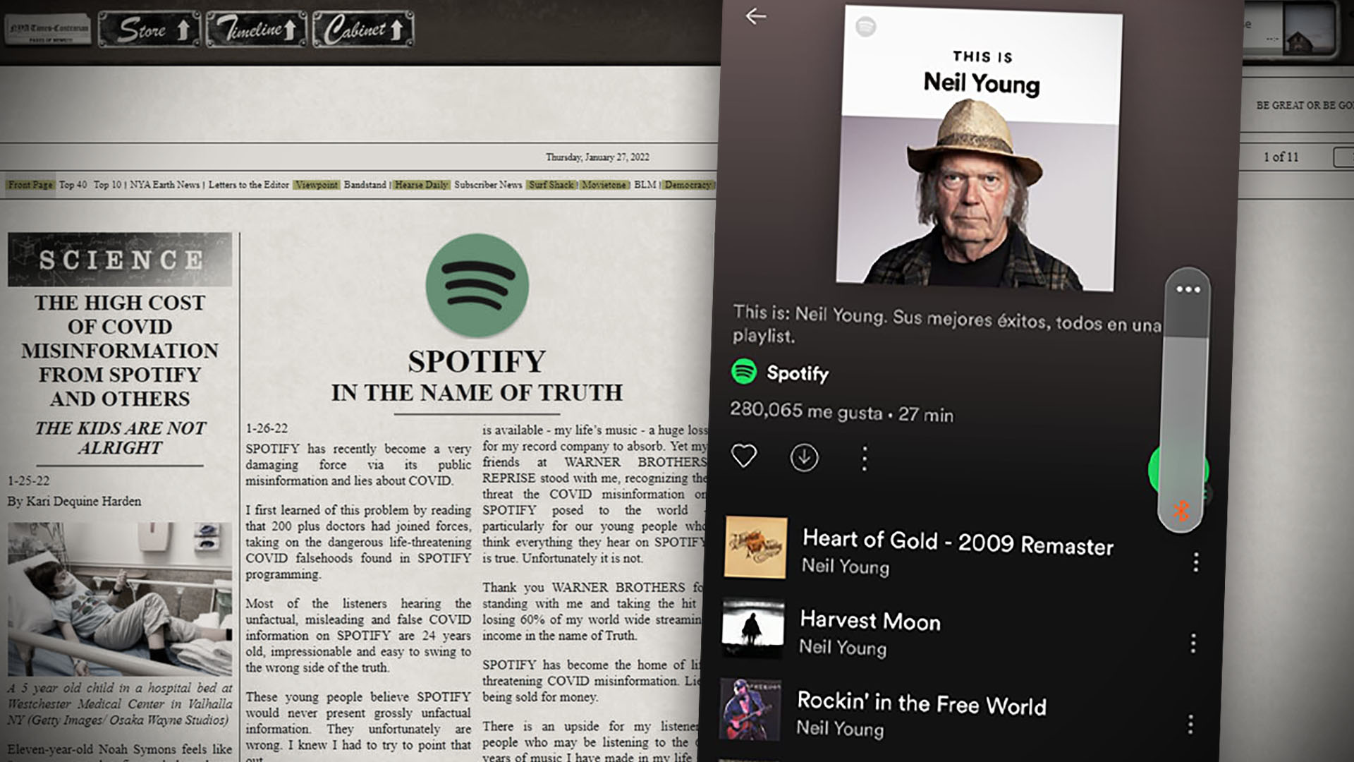 Neil Young escribió en su web: "los jóvenes creen que Spotify nunca presentaría información totalmente falsa. Desafortunadamente están equivocados”