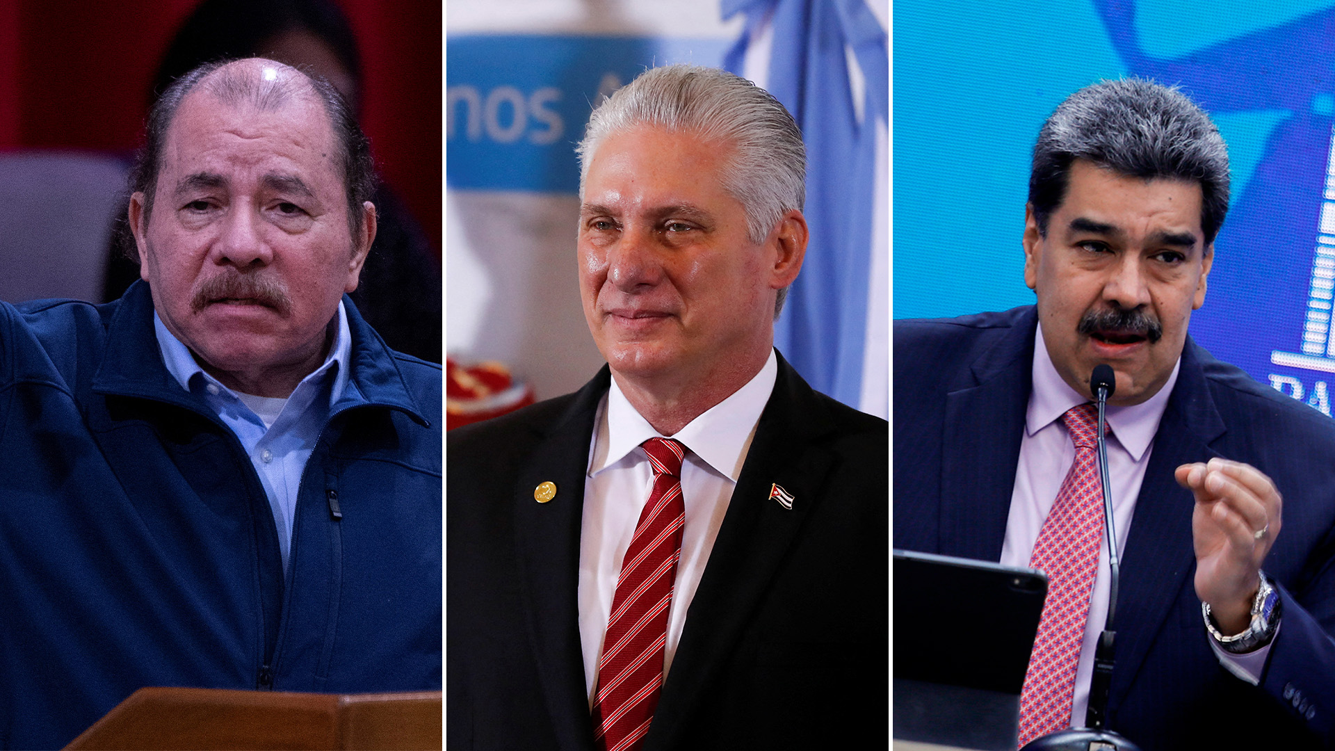 Los dictadores Daniel Ortega, de Nicaragua; Miguel Díaz Canel, de Cuba; y Nicolás Maduro, de Venezuela
