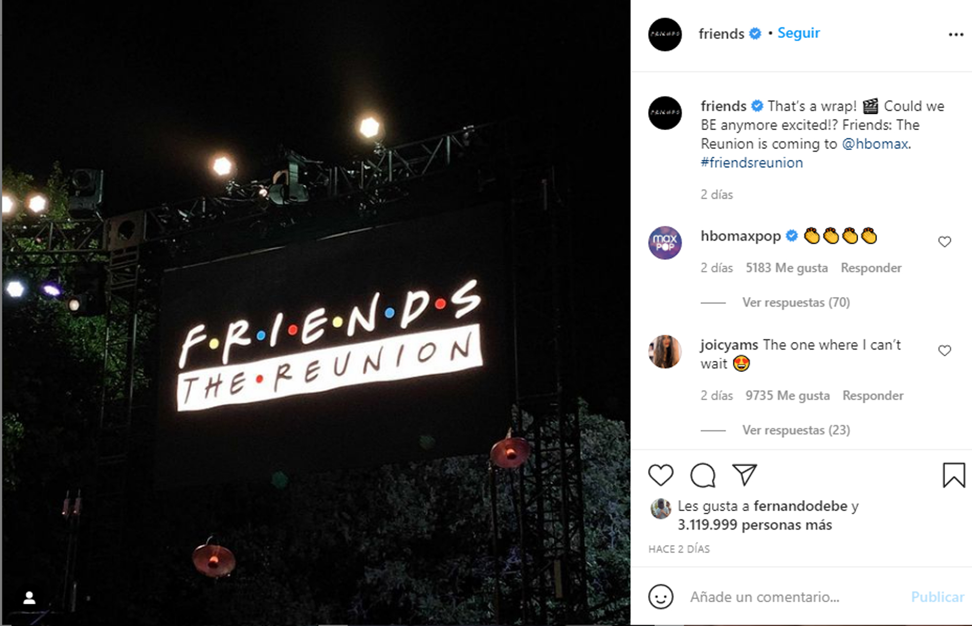 El posteo en la cuenta de Instagram oficial de Friends