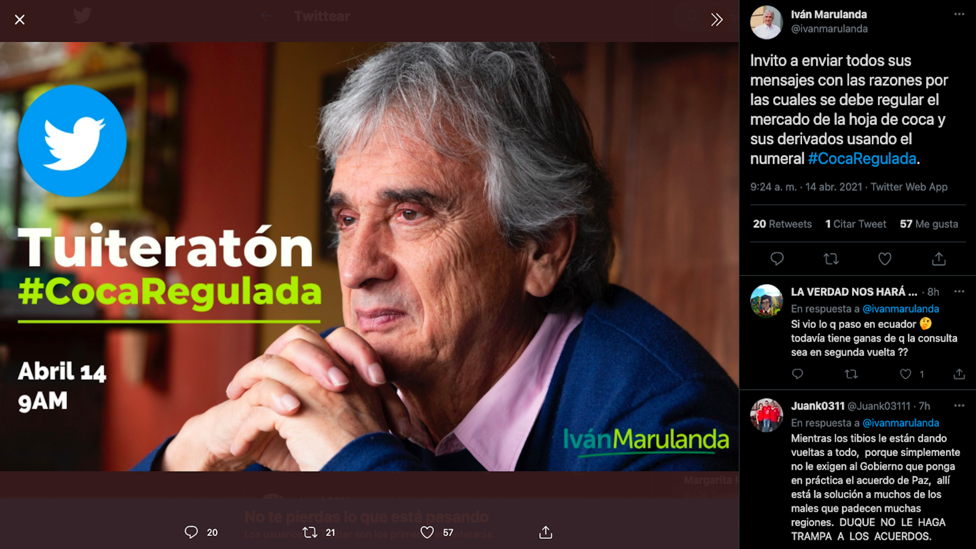 Iván Marulanda invitó a sus seguidores a hacer una 'tuiteratón' para dar a conocer sus motivos para regular la hoja de coca en su producción, comercialización y consumo / (Twitter: @ivanmarulanda).