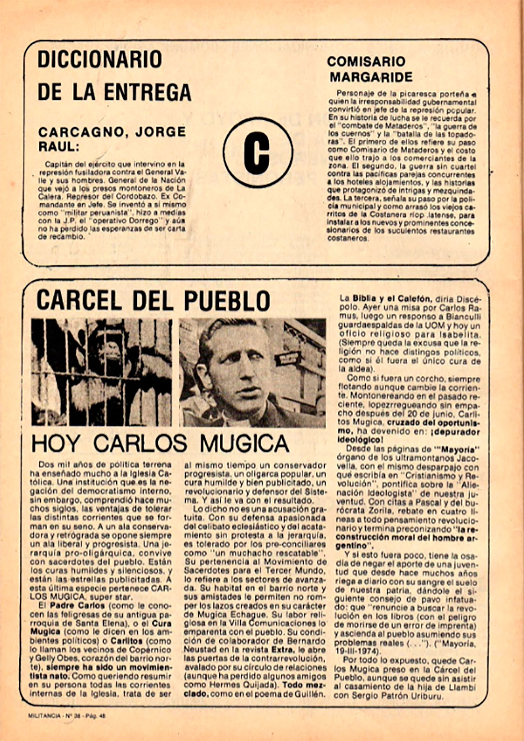 Advertencias contra el padre Carlos Mugica en un órgano de prensa de Montoneros