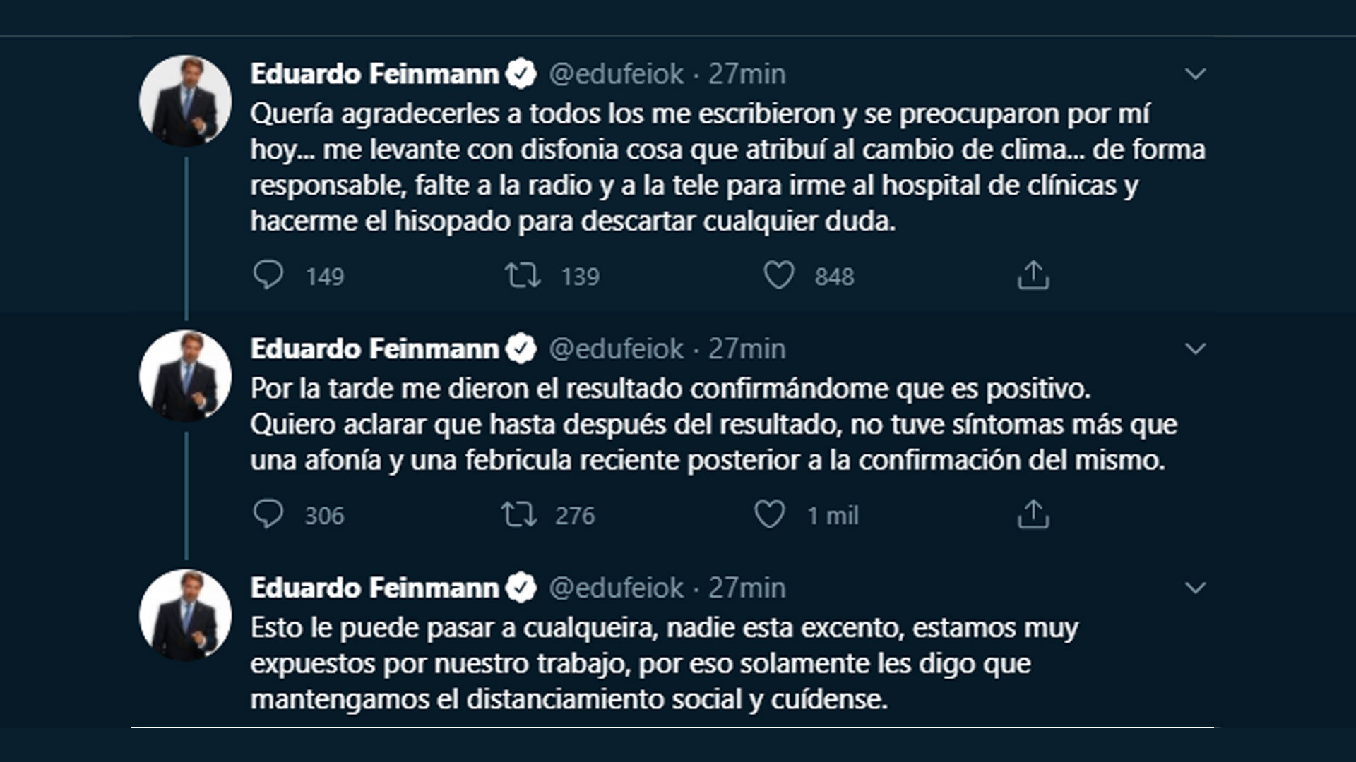 Los posteos de Eduardo Feinmann comunicando que tenía coronavirus (Twitter: @edufeiok)