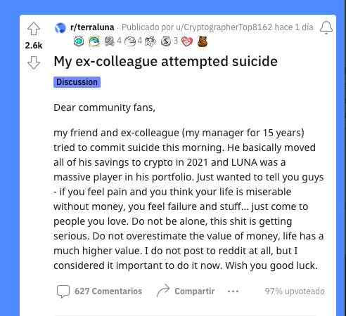 User shares the experience of a friend who attempted suicide after the cryptocurrency crash (Photo: Screenshot/Reddit)