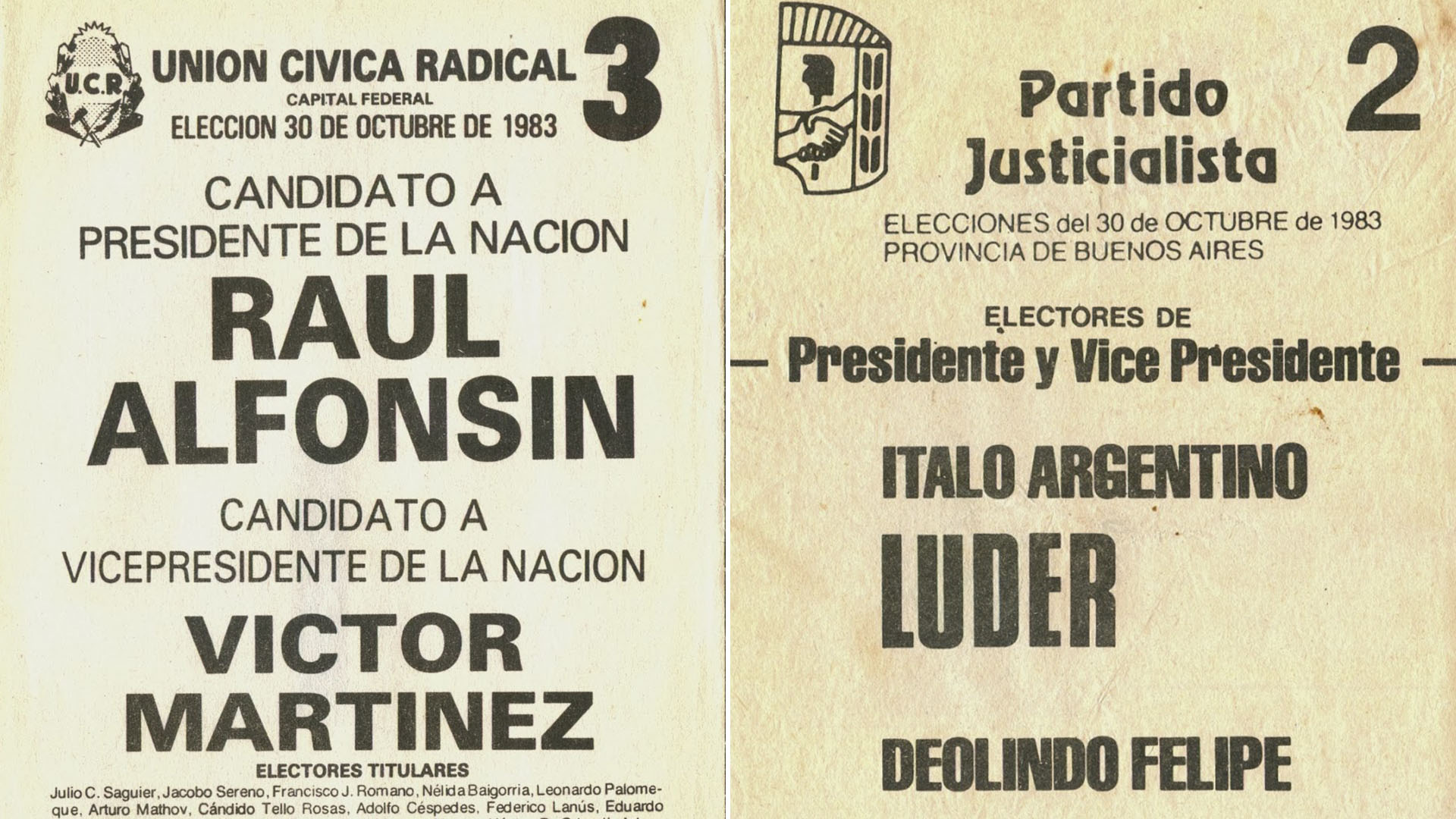 Las boletas para presidente en 1983 del radicalismo y el peronismo