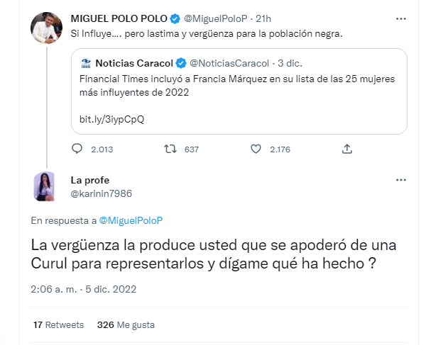 Decenas de reacciones de rechazo generó una nueva crítica de Miguel Polo Polo a Francia Márquez.
Vía Twitter (@MiguePoloP)
