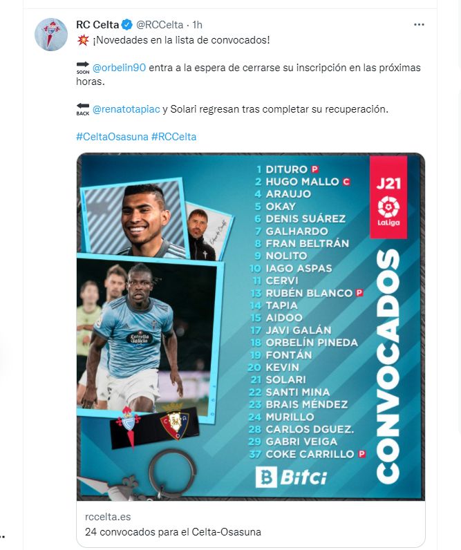 Renato Tapia entró a convocatoria de Celta de Vigo tras superar lesión.