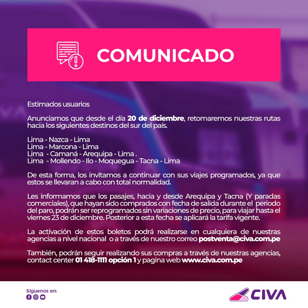 Comunicado de la empresa Civa respecto a los viajes al sur del Perú
