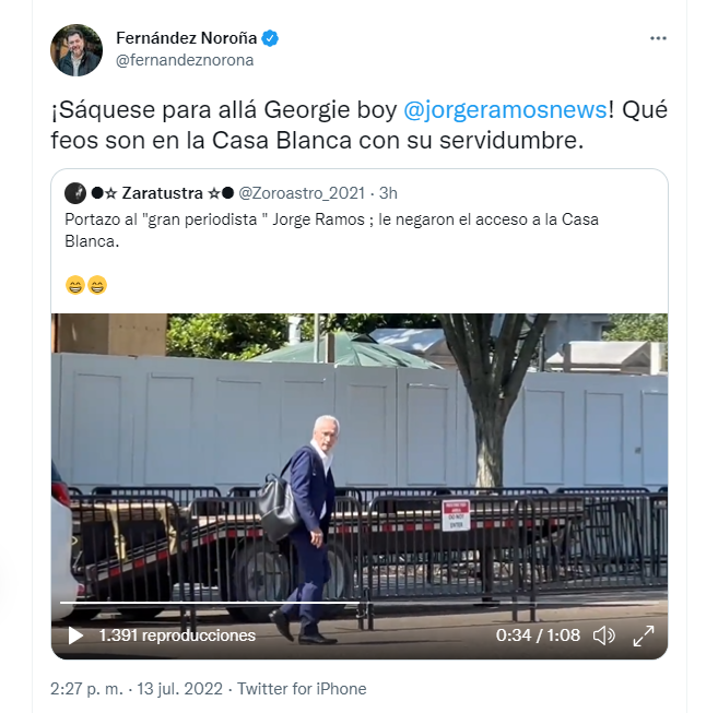 Tuit de Fernández Noroña sobre Jorge Ramos (Captura de pantalla)