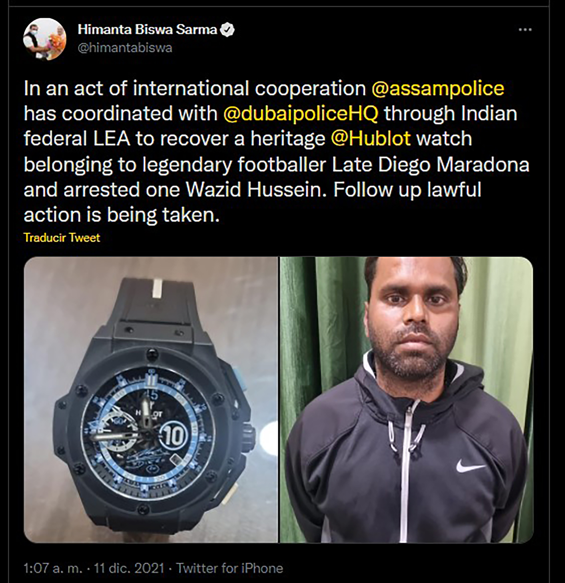 El hombre detenido por el robo del reloj de Maradona se llama Wazid Hussain y tiene 37 años (Foto: @himantabiswa)
