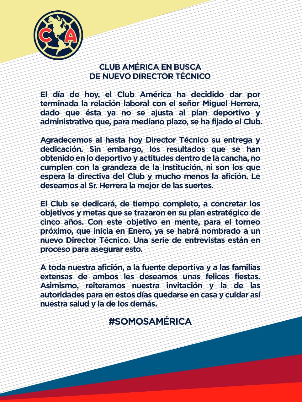 América anunció que concluyó la relación laboral con Miguel Herrera (Foto: Twitter@ClubAmerica)