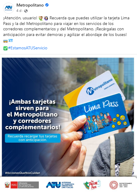 Lima Pass and Metropolitano cards can be used for the service of the complementary and Metropolitan corridors.