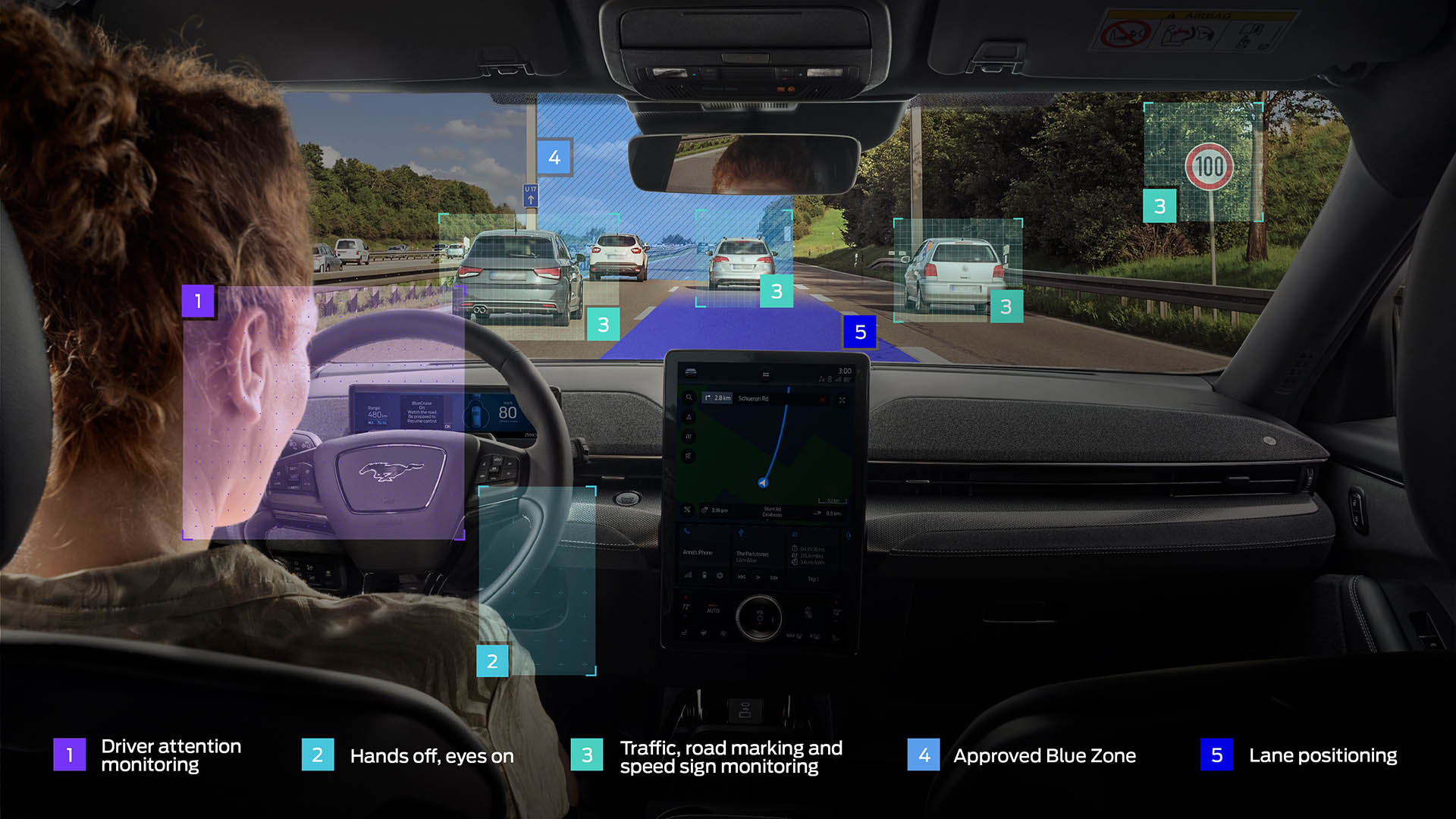 La combinación de cámaras y sensores, con el control de crucero adaptativo y el asistente de carril, permiten que el auto se conduzca por sí mismo en los caminos preseteados en su sistema