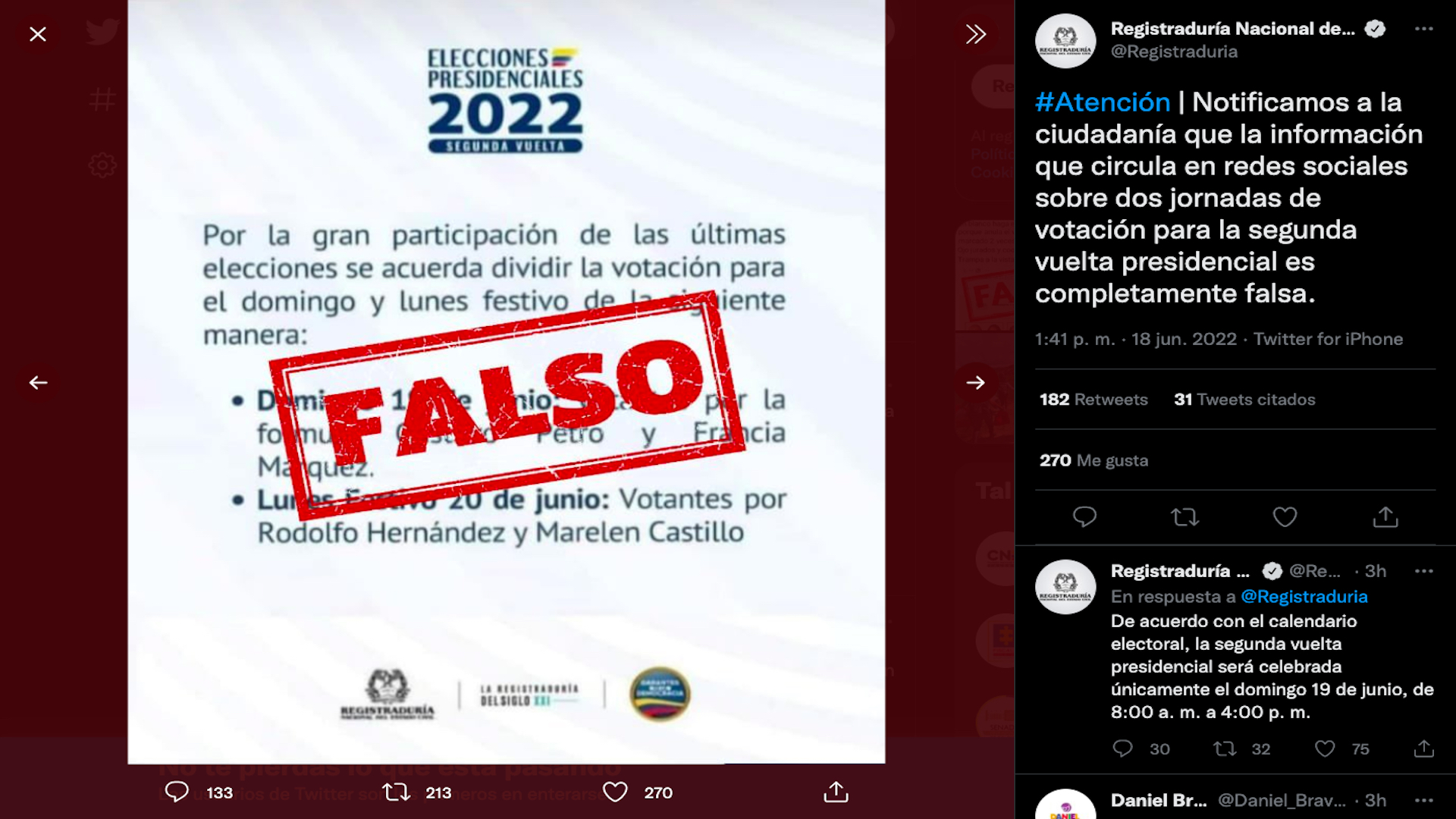 Información falsa sobre las fechas para votar en la segunda vuelta presidencial de Colombia 2022 - 2026 / (Twitter: @Registraduria)